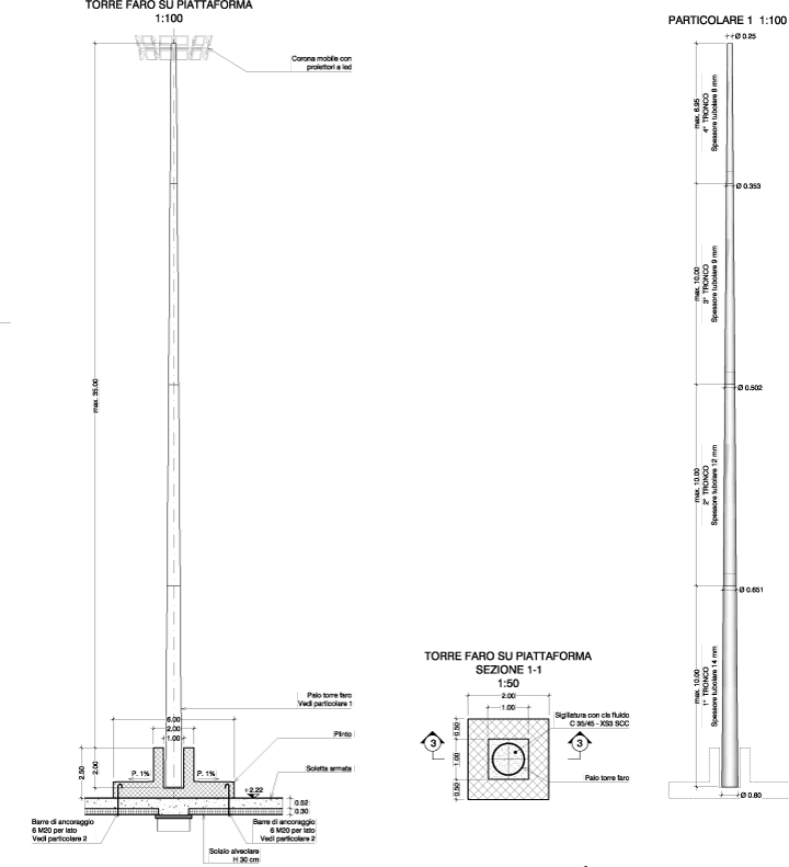 disegni progetto torre faro su piattaforma